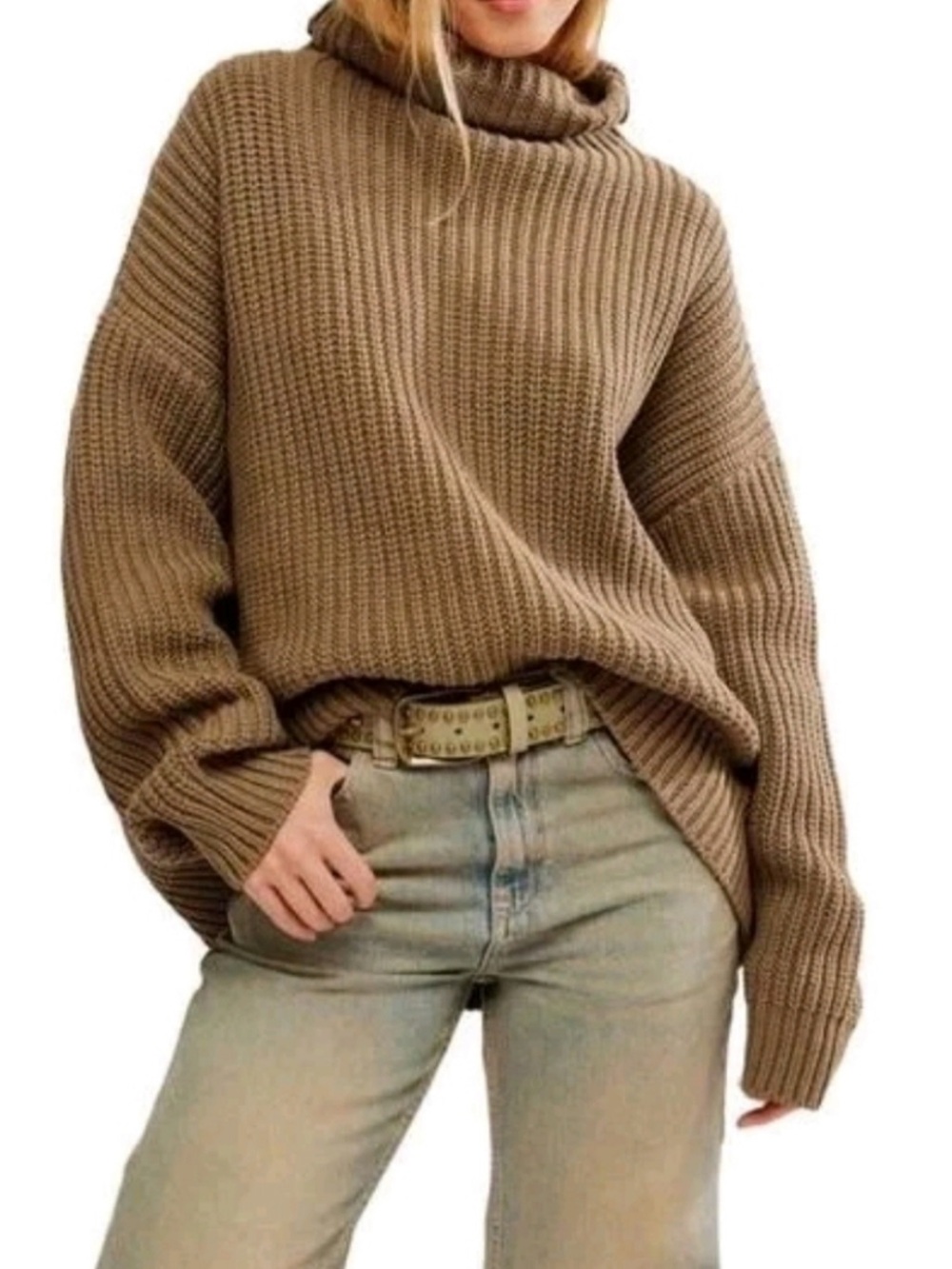 Free People Chunky Turtleneck Sweater - Olive Green Small